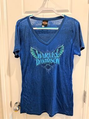 Harley-Davidson Blue V-Neck Tee with Teal Wing Graphic